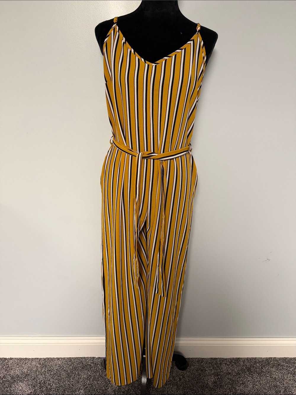 Striped Mustard Wide-Leg Jumpsuit with Belt